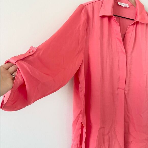 Renuar Splice Neckline Collared Long Sleeve Satin Blouse in Coral Size L - Picture 4 of 8